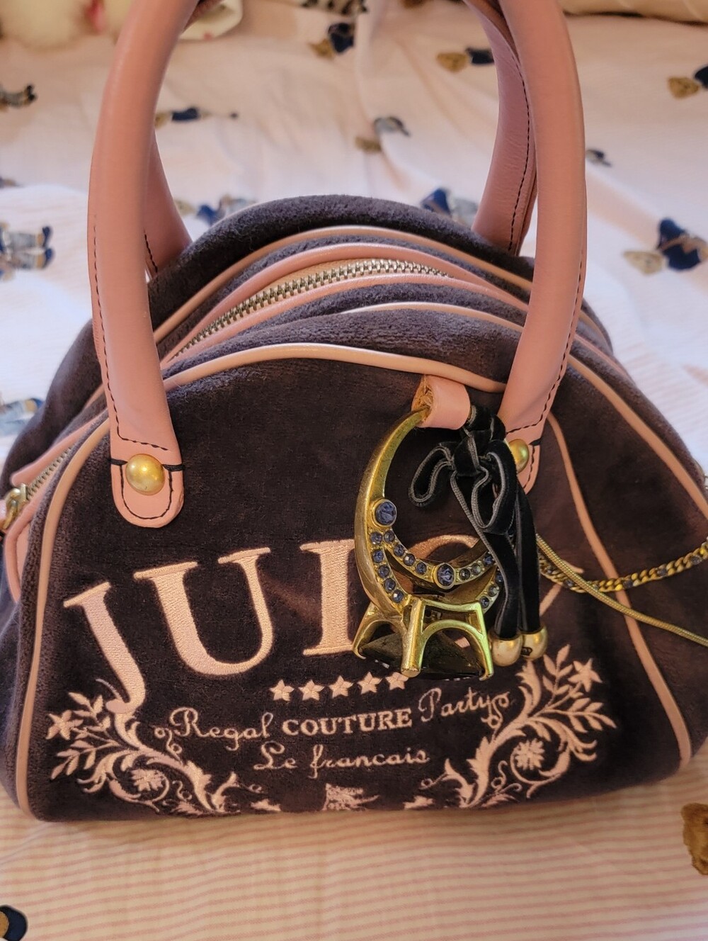 Vintage Juicy Couture Pink Navy Velvet Bowler Bag